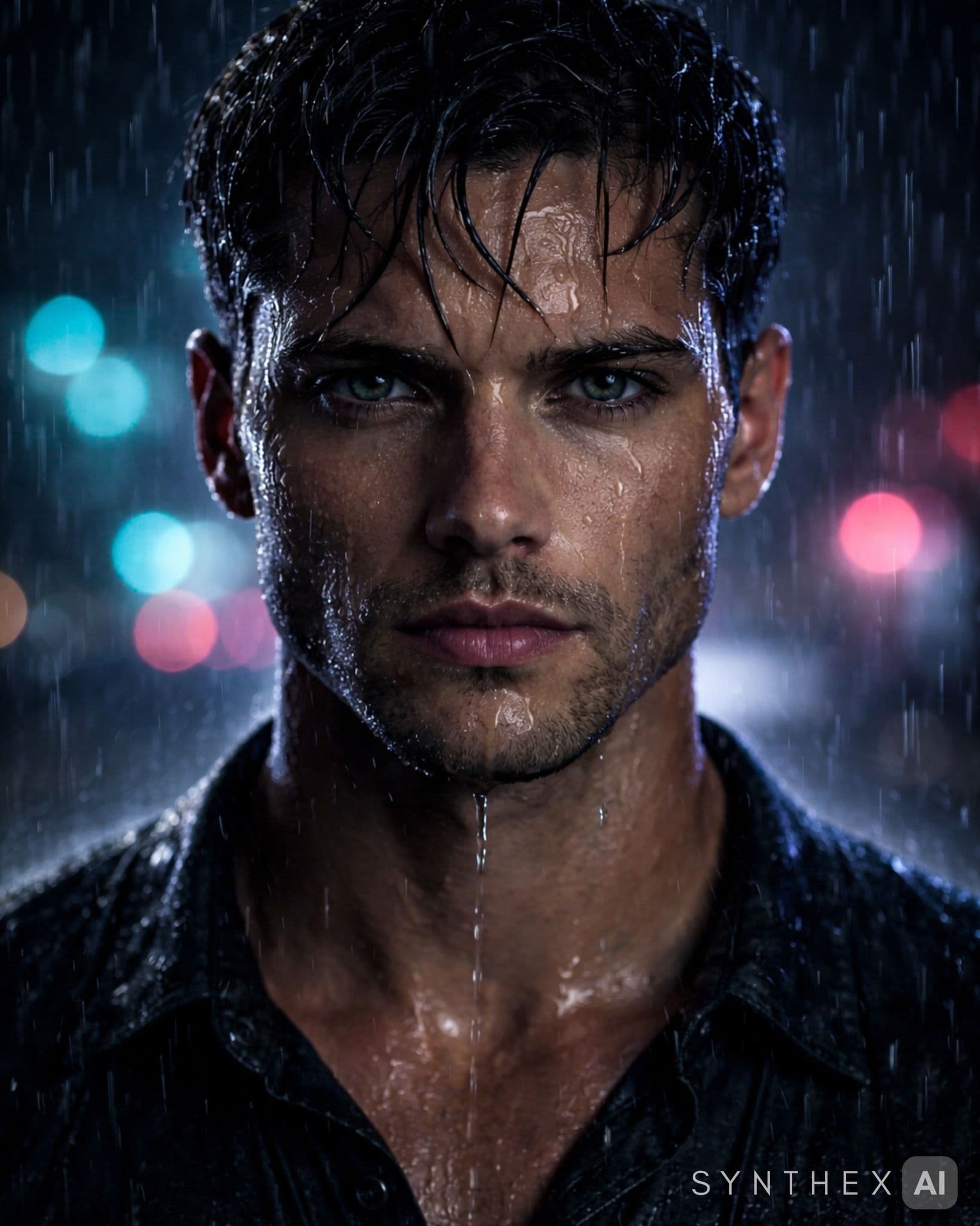 Generate Torrential Rain Neon Portraits