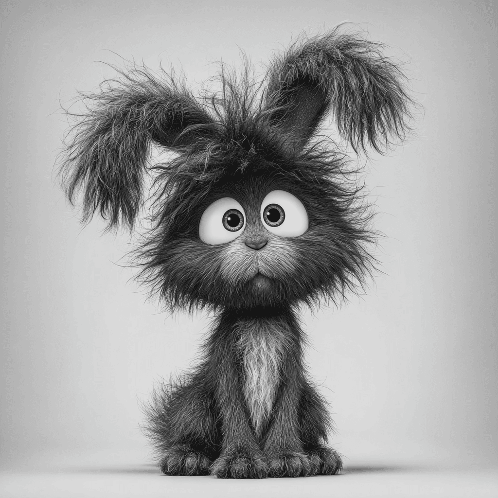 Black and White Shaggy Bunny Cartoon Portrait