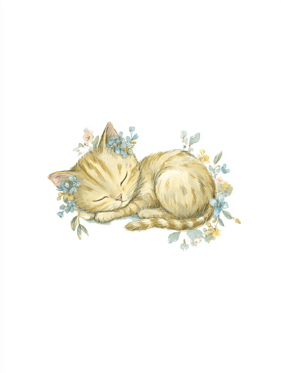 Gentle Watercolor Sleeping Cat Illustration