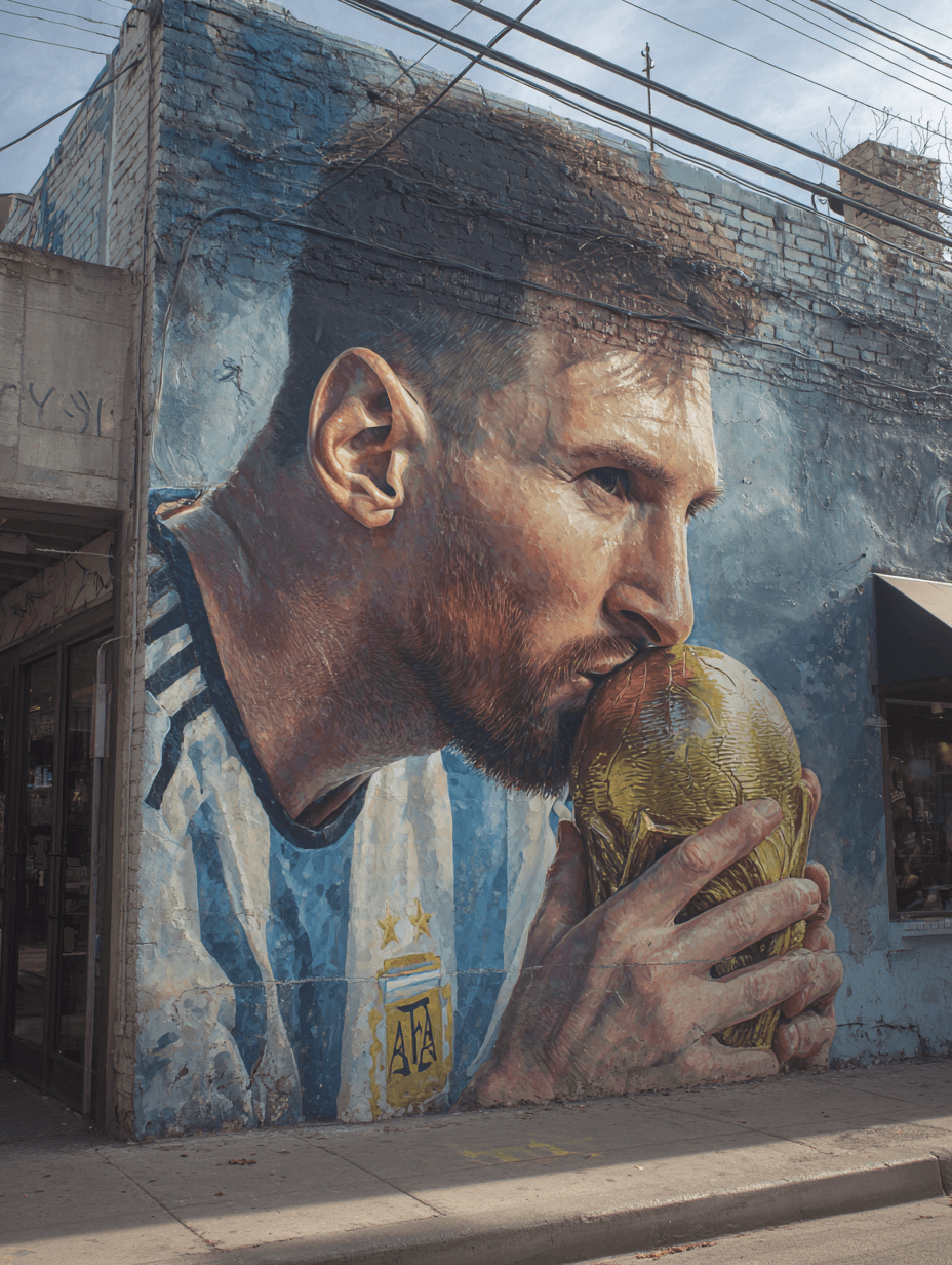 Photorealistic Lionel Messi Kissing World Cup Graffiti Mural