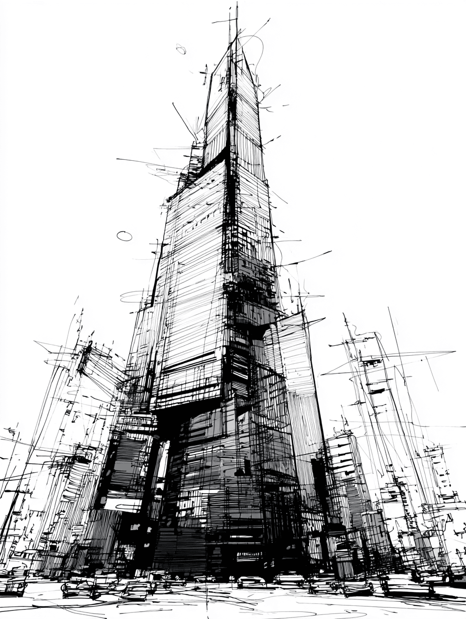 Expressive Black Ink Modern Skyscraper Sketch