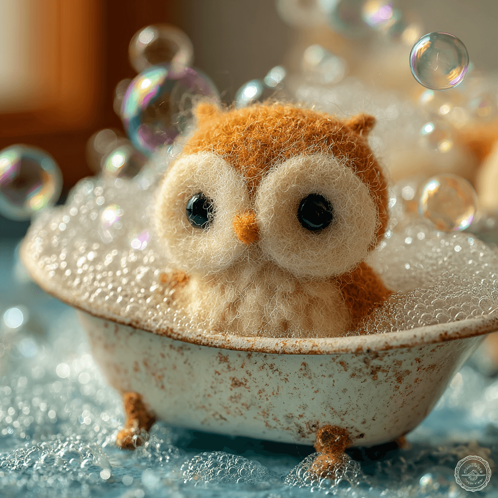 Tiny Needle-felted Owl Having Bath Felted Figure