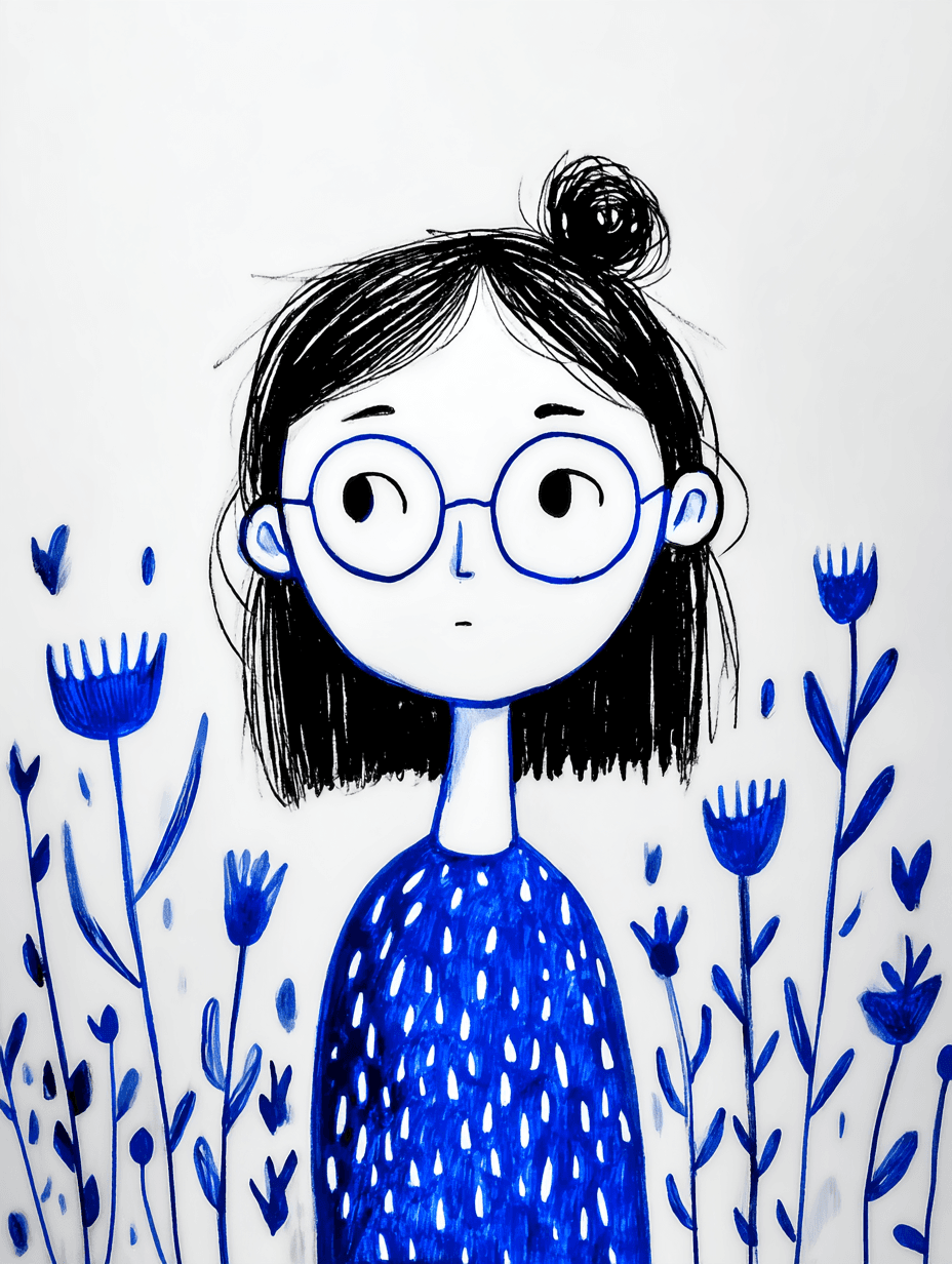 Naive Blue Ink Girl with Glasses Doodle