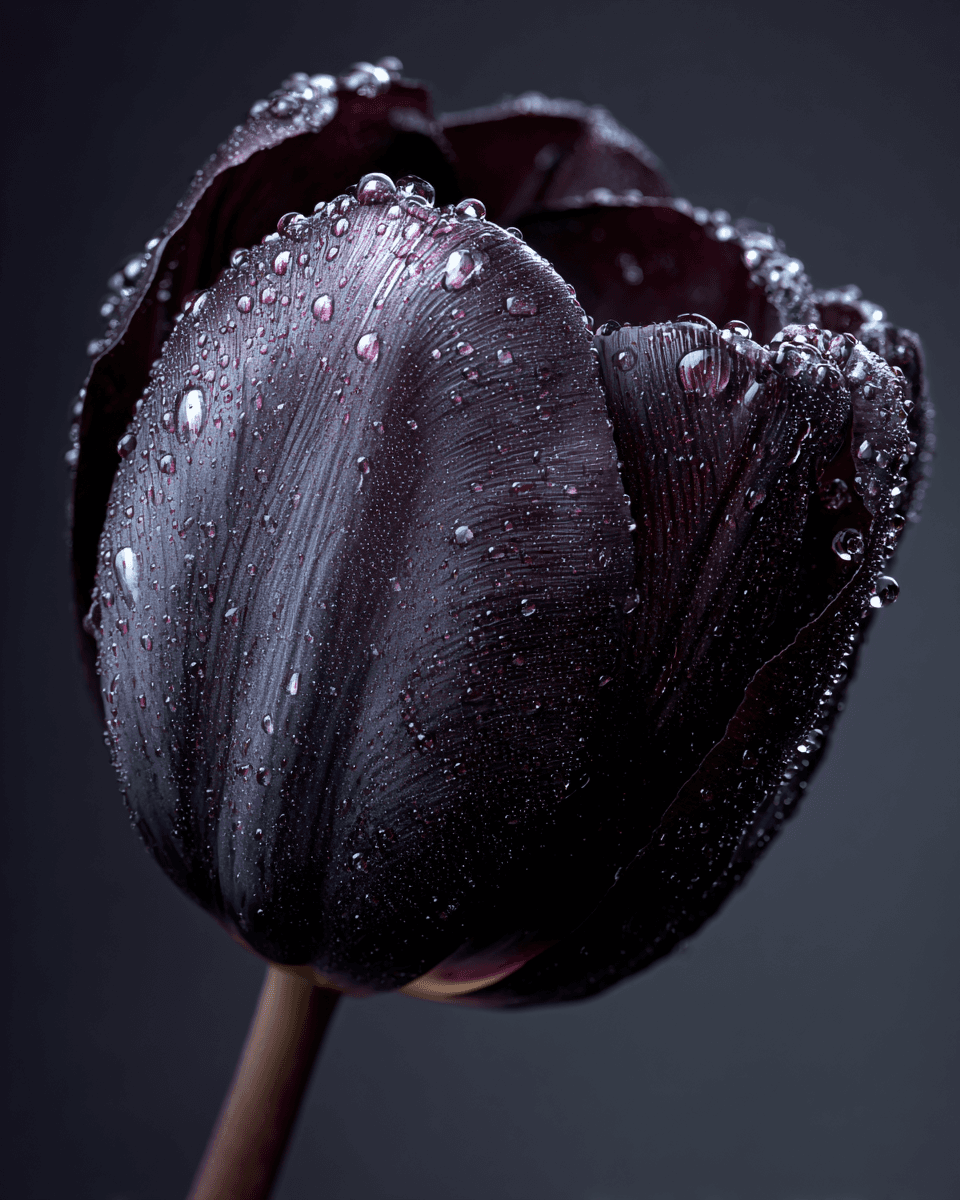 Hyperrealistic Black Tulip Covered in Rain Droplets Macro Portrait