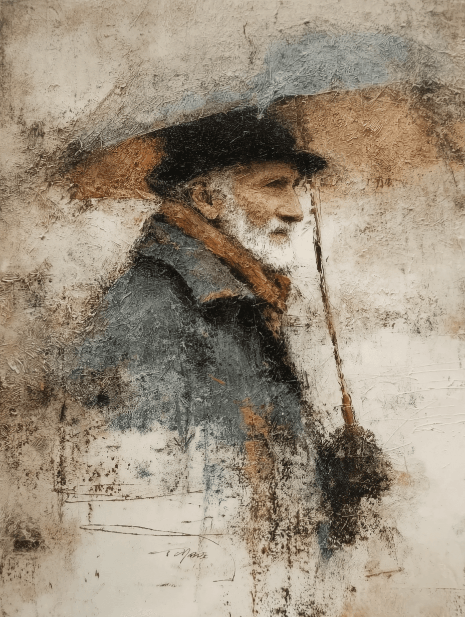 Painterly Impasto Elderly Man with Umbrella Painting