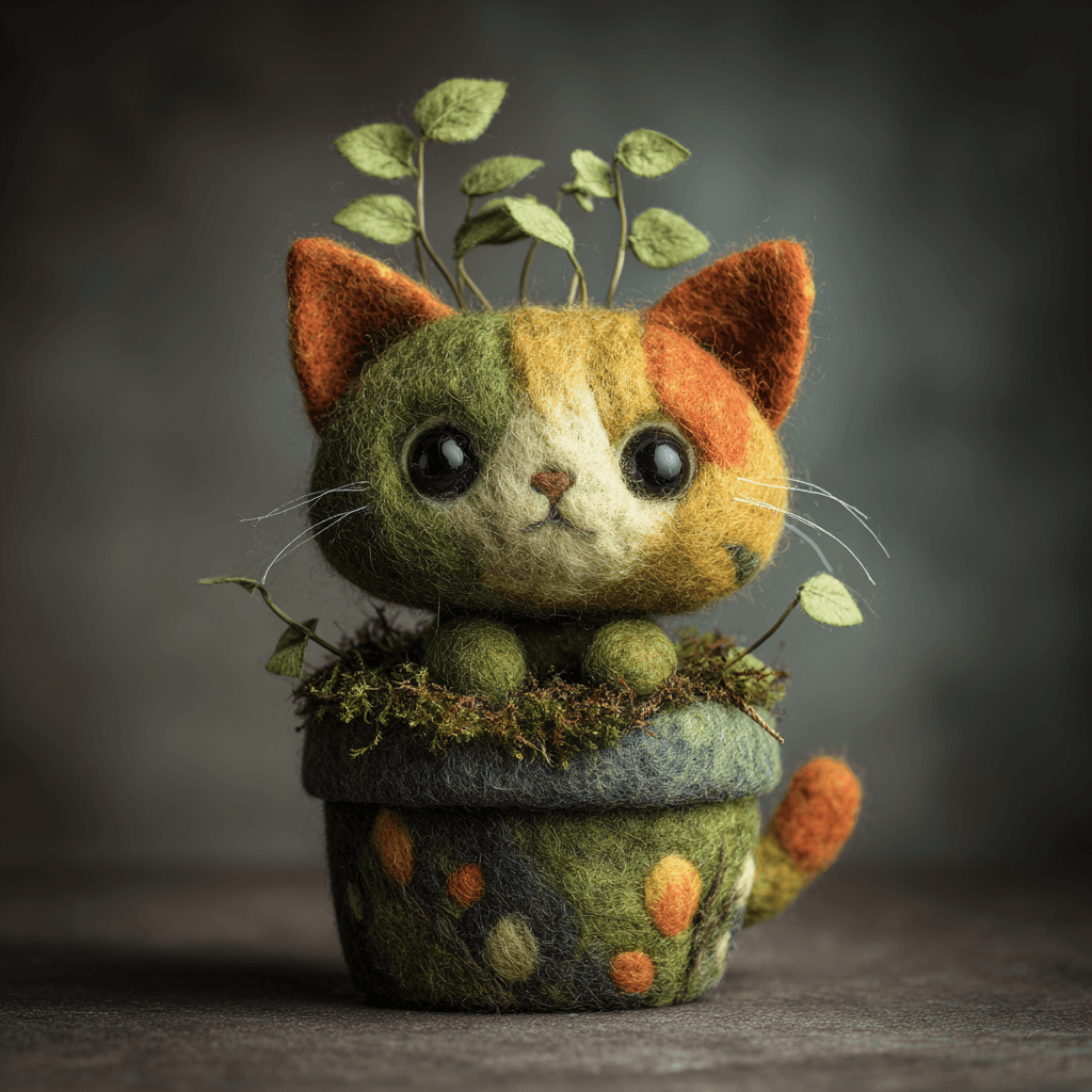 Cute Felted Cat Handmade Pot Photo