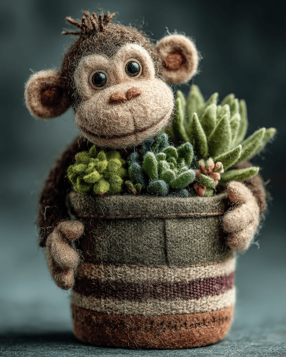 Chubby Felted Monkey Terracotta Pot Photo