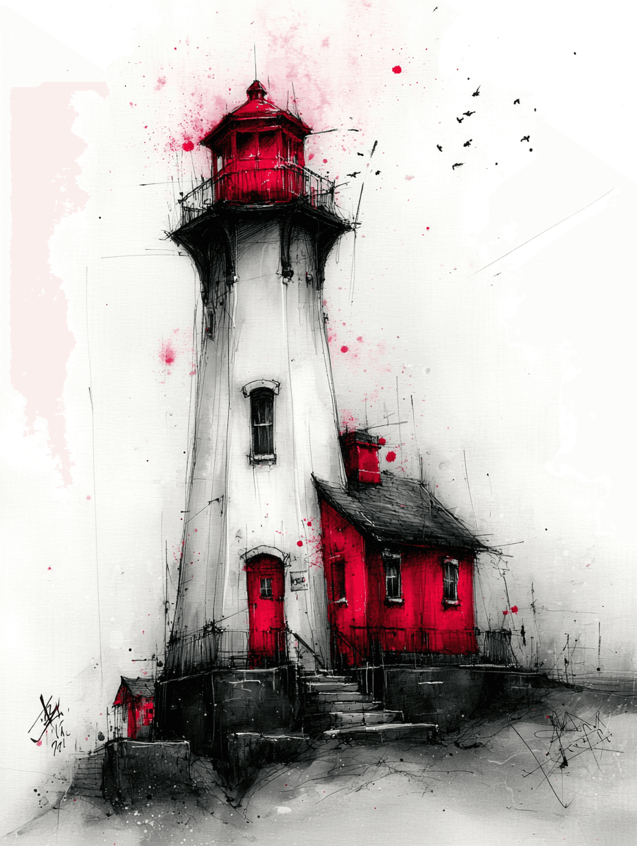 Monochrome Ink Watercolor Lighthouse Painting