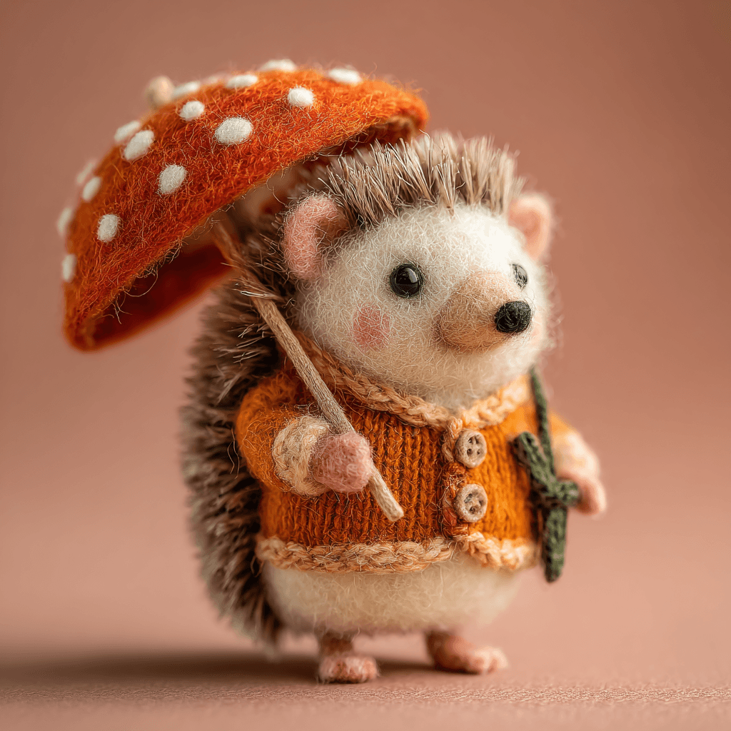 Tiny Felted Hedgehog with Mushroom Umbrella