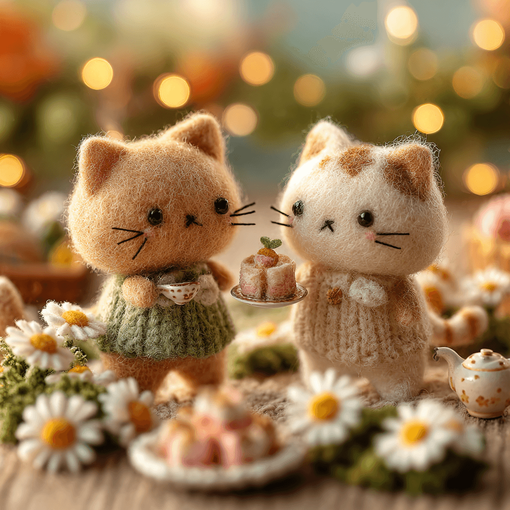 Miniature Felted Kittens Tea Party