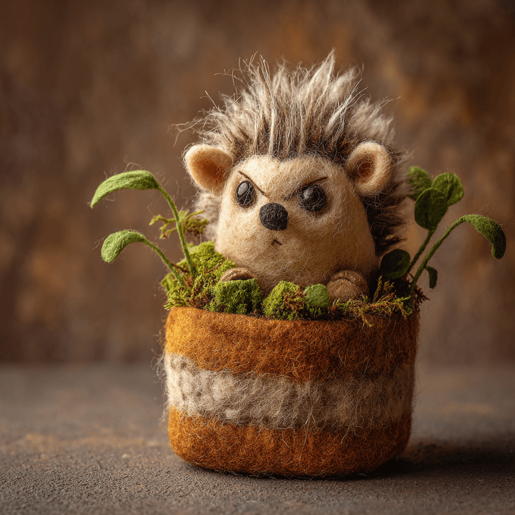 Cute Felted Angry Hedgehog Handmade Pot Photo