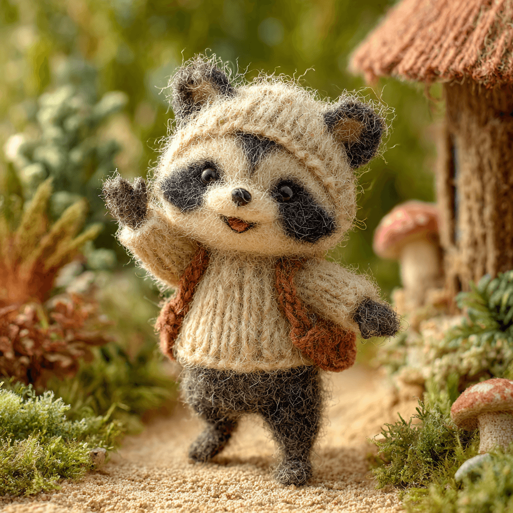 Charming Wool Figure of Baby Raccoon Diorama