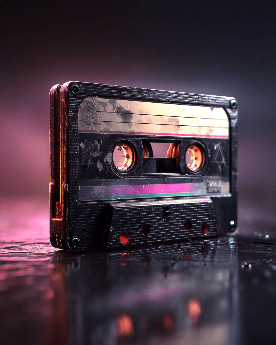 Hyperrealistic Frayed Cassette Tape Spool Macro Portrait