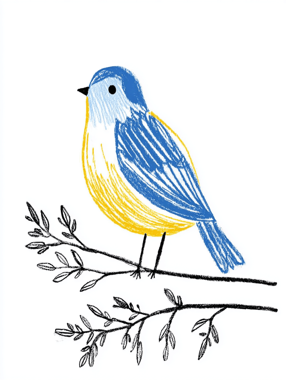 Naive Colored Pencil Bird on Branch Sketch