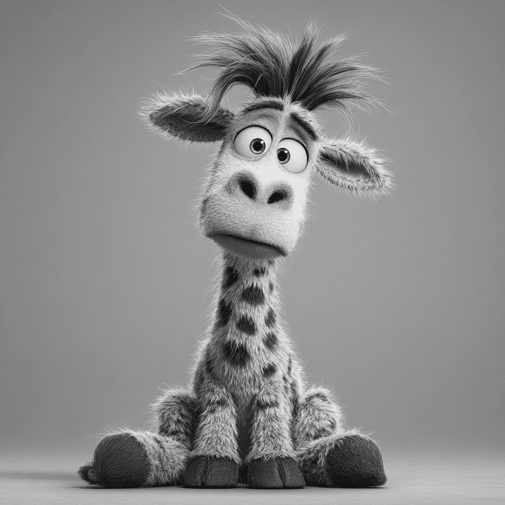 Black and White Shaggy Giraffe Cartoon Portrait