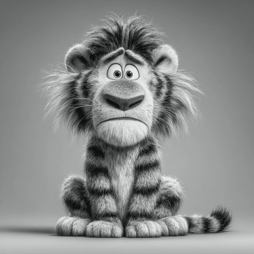 Black and White Shaggy Tiger Cartoon Portrait