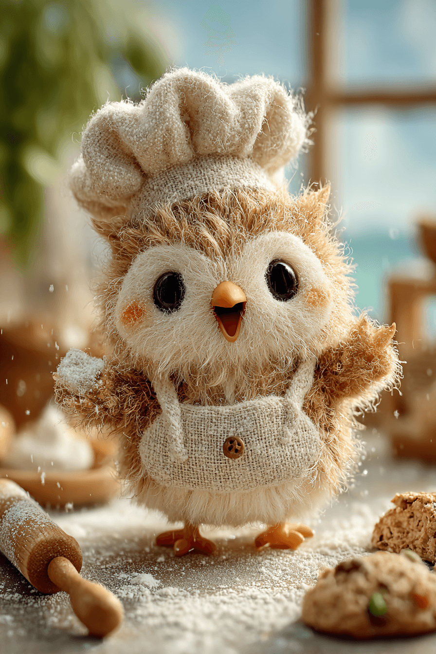 Tiny Wool Baby Owl Baking Scene