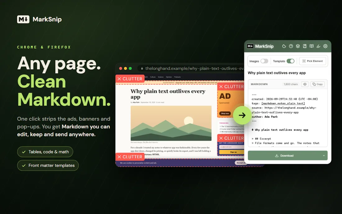 MarkSnip - Webpage to Markdown Clipper: official promotional screenshot